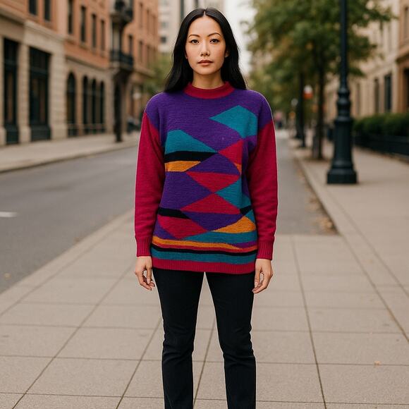90s Geometric Color Block Sweater Abstract Pattern Purple Teal Gold Medium - Picture 1 of 8